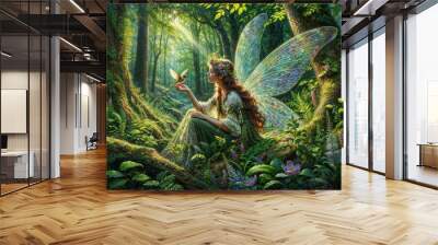 fairy girl  in the forest with a bird. delicate and beautiful . wallpaper design painting style Wall mural