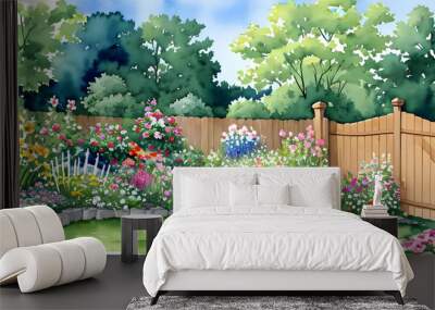 garden in spring watercolor painting vintage generative AI Wall mural