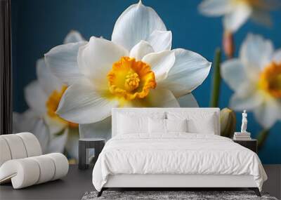 Illustration of narcissus flower. The flower is white with a yellow center, and it is in full bloom Wall mural