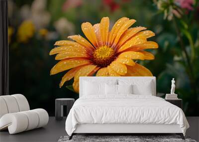 A close-up of a vibrant flower blooming in a garden after a rain shower Wall mural