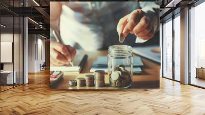 businessman saving money concept. hand holding coins putting in jug glass Wall mural