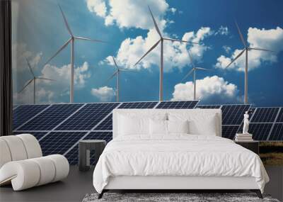 clean energy power concept solar panel with wind turbine and blue sky background Wall mural