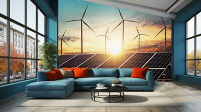 clean energy power concept solar panel with wind turbine and sunset background Wall mural