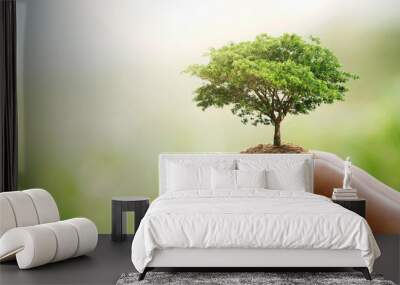 eco earth day concept. hand holdig big tree growing on green background Wall mural