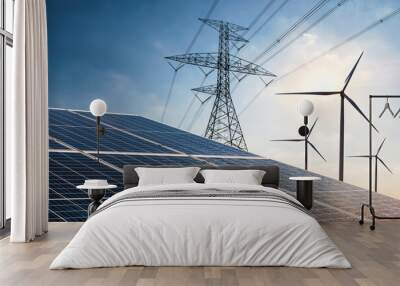 electricity power in nature. clean energy concept. solar panel with turbine and tower hight voltage Wall mural