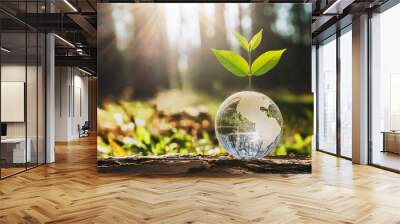 glass globe ball with tree growing and green nature blur background. eco earth day concept Wall mural