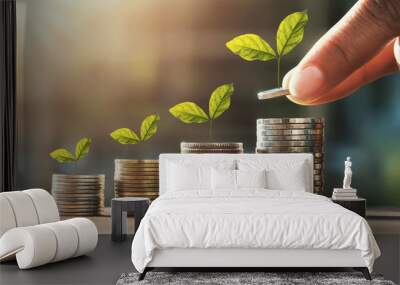 hand holding coins to stack and growth plant step. concept saving money finance accounting Wall mural