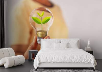 hand holding lightbulb with tree insite and money. concept eco energy inovation Wall mural