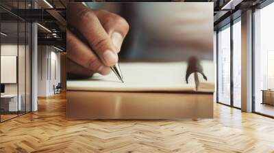 hand of woman holding pen with writing on notebook in office Wall mural