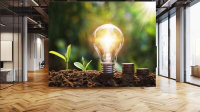 lightbulb with tree and coins on soil sunshine background concept saving energy and finance Wall mural