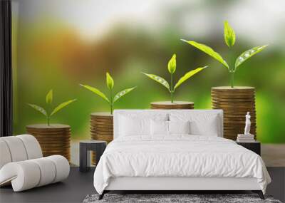 money stack step with plant growing on coins. concept finance and accounting Wall mural