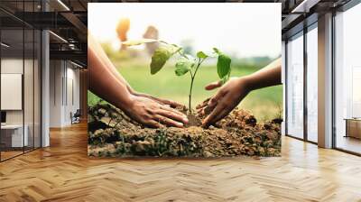 mother with children helping planting tree in nature for save earth. environment eco concept Wall mural