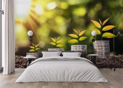 plant growing on coin stack with sunset. concept saving money and business finance Wall mural