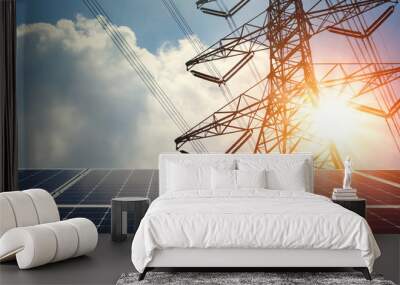 solar panel and high voltage tower with sunshine. clean energy power concept Wall mural