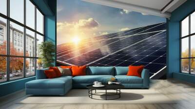 solar panel with sunlight and blue sky background. concept clean energy power in nature Wall mural