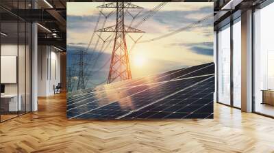 Solar panels with electricity pylon and sunset. Clean energy concept. power alternative Wall mural