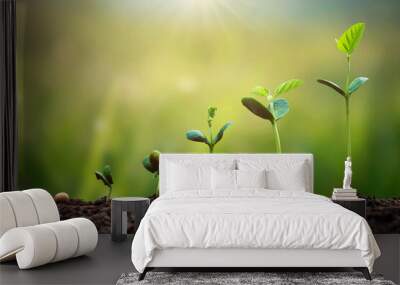 soybean growth in farm with green leaf background. agriculture plant seeding growing step concept Wall mural