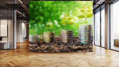 stack of coin growth money and tree concept finance indices on nature background Wall mural