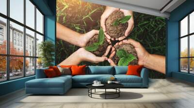 three hand holding young tree for planting. nurture Environmental concept Wall mural