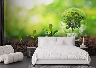 tree growing on light bulb with sunshine in nature and small plants growth stepe. saving energy and eco concept Wall mural