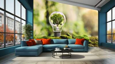 tree growing on light bulb with sunshine in nature. saving energy and eco concept Wall mural