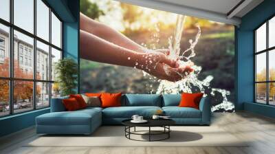 Water pouring on hand in morning ligth background Wall mural