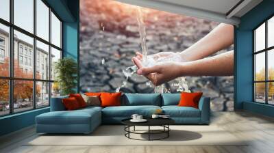 water with hand with sunset background Wall mural