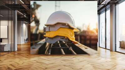 white and yellow helmet on steel in construction site Wall mural