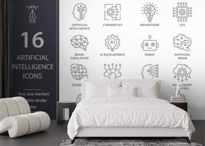 Artificial intelligence line icons set. Black vector illustration. Editable stroke. Wall mural