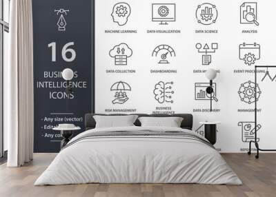 Business Intelligence line icons set. Black vector illustration. Editable stroke. Wall mural