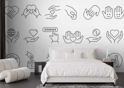 Charity icon set. Collection of donate, volunteer, care and more. Editable stroke. Wall mural