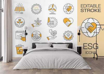 ESG flat icons, such as ecology, environment social governance, sustainability, financial results and more. Editable stroke. Wall mural