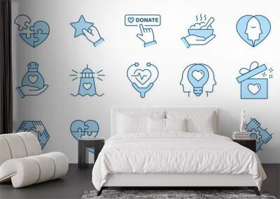 Mental health icons, such as donation, charuty, empathy, volunteer and more. Vector illustration isolated on white. Editable stroke. Change to any size and any colour. Wall mural