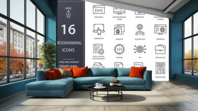 Programming line icons set. Black vector illustration. Editable stroke. Wall mural