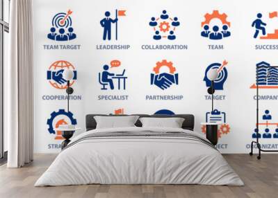 Teamwork icon set. Collection of cooperation, team target, leadership, collaboration and more. Vector illustration. Easily changes to any color. Wall mural