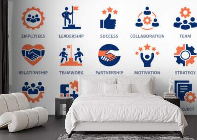 Teamwork icon set. Collection of goal setting, team target, leadership, collaboration and more. Vector illustration. Easily changes to any color. Wall mural