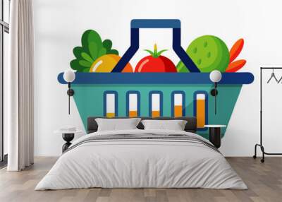 shopping basket with fruits and vegetables, vector illustration Wall mural