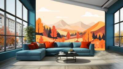 Autumn landscape of forest and mountains. Stunning landscape of mixed forest in the autumn season. Beautiful colorful trees and fields, fallen leaves and mountains. Autumn vector illustration.
 Wall mural