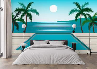 Beach pool. Swimming pool against the backdrop of a paradise beach with tropical palm trees against the backdrop of the ocean, mountains and sun. Sea holiday vector illustration for poster or design. Wall mural