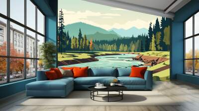 Beautiful landscape of a fast river, forest and mountains. A river with an eroded bank, surrounded by forest and silhouettes of mountains in the background. Amazing summer or spring landscape. Vector  Wall mural