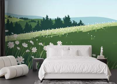 Beautiful landscape of a flower field. Flower meadows against the backdrop of forest and hills. Vector landscape illustration of summer floral field for design. Wall mural