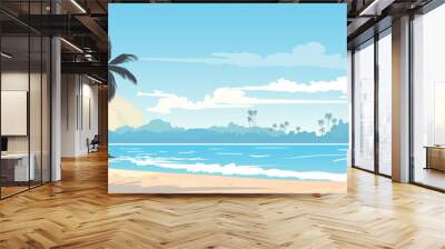 Beautiful landscape of paradise beach. Sandy tropical beach, sea waves, palm trees, plants and amazing clouds. Beach holiday. Vector illustration for banner, poster, card, cover. Wall mural