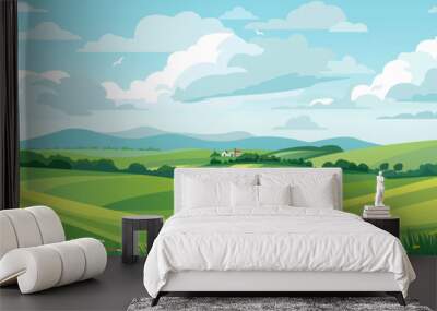 Beautiful landscape vector illustration of mountains, forests, fields and meadows. Stunning panoramic farm landscape with mountains in the background. Natural landscape Wall mural