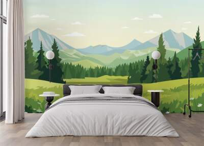 Beautiful landscape. A magnificent forest glade of flowers with stunning mountains in the background.  Wall mural