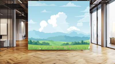 Beautiful landscape. Wonderful landscape of green fields and meadows against the backdrop of mountains. Vector illustration Wall mural