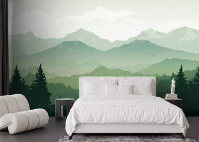 Beautiful mountain landscape. Landscape with green silhouettes of mountains, hills and forests and clouds in the sky. Vector illustration. Wall mural