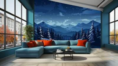 Beautiful night winter landscape of forest and mountains. Snow covered mountains, forest, trees, snowdrifts and amazing night sky with stars and clouds. Christmas Eve. Wall mural