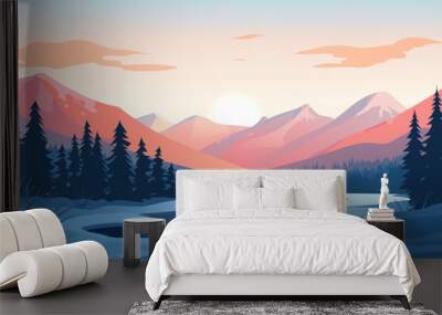 Beautiful winter sunset in the mountains. Amazing mountain lakes and forest against the backdrop of stunning mountains. Christmas or New Year design. Wall mural