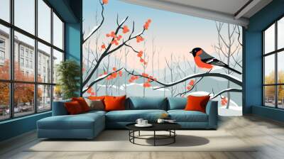 Bullfinch on a rowan branch. Beautiful winter Christmas wildlife vector illustration. Festive landscape. Wall mural