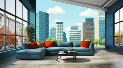 Cityscape with tall skyscrapers, office buildings and trees. Business district of the city. Vector illustration. Wall mural